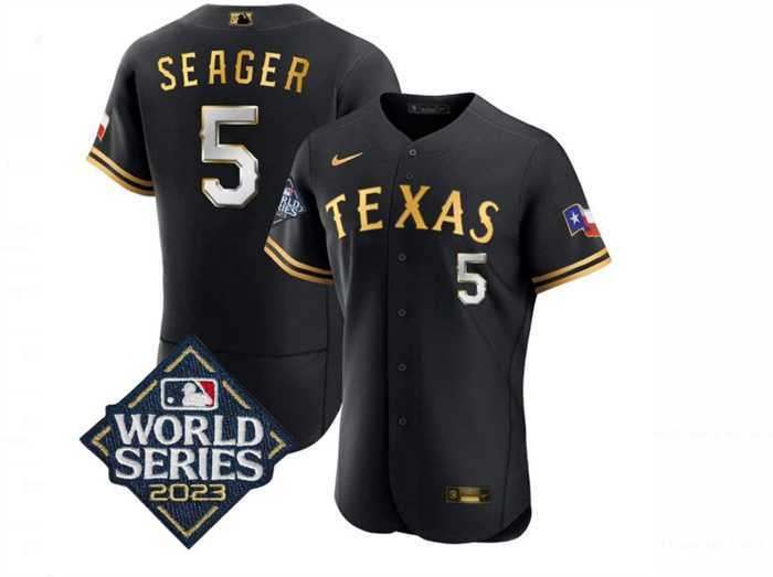 Men%27s Texas Rangers #5 Corey Seager Black Gold 2023 World Series Flex Base Stitched Baseball Jersey Dzhi->texas rangers->MLB Jersey